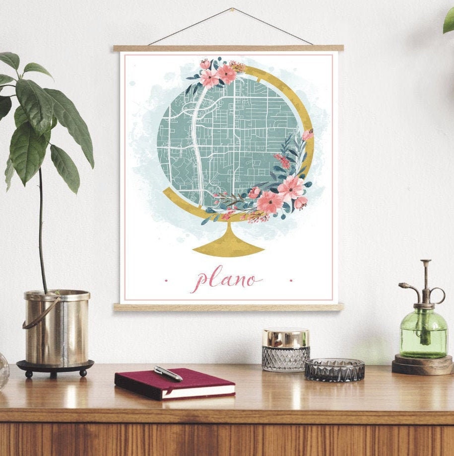 Plano Texas Watercolor Globe Street Map | Hanging Canvas Of Printed Marketplace