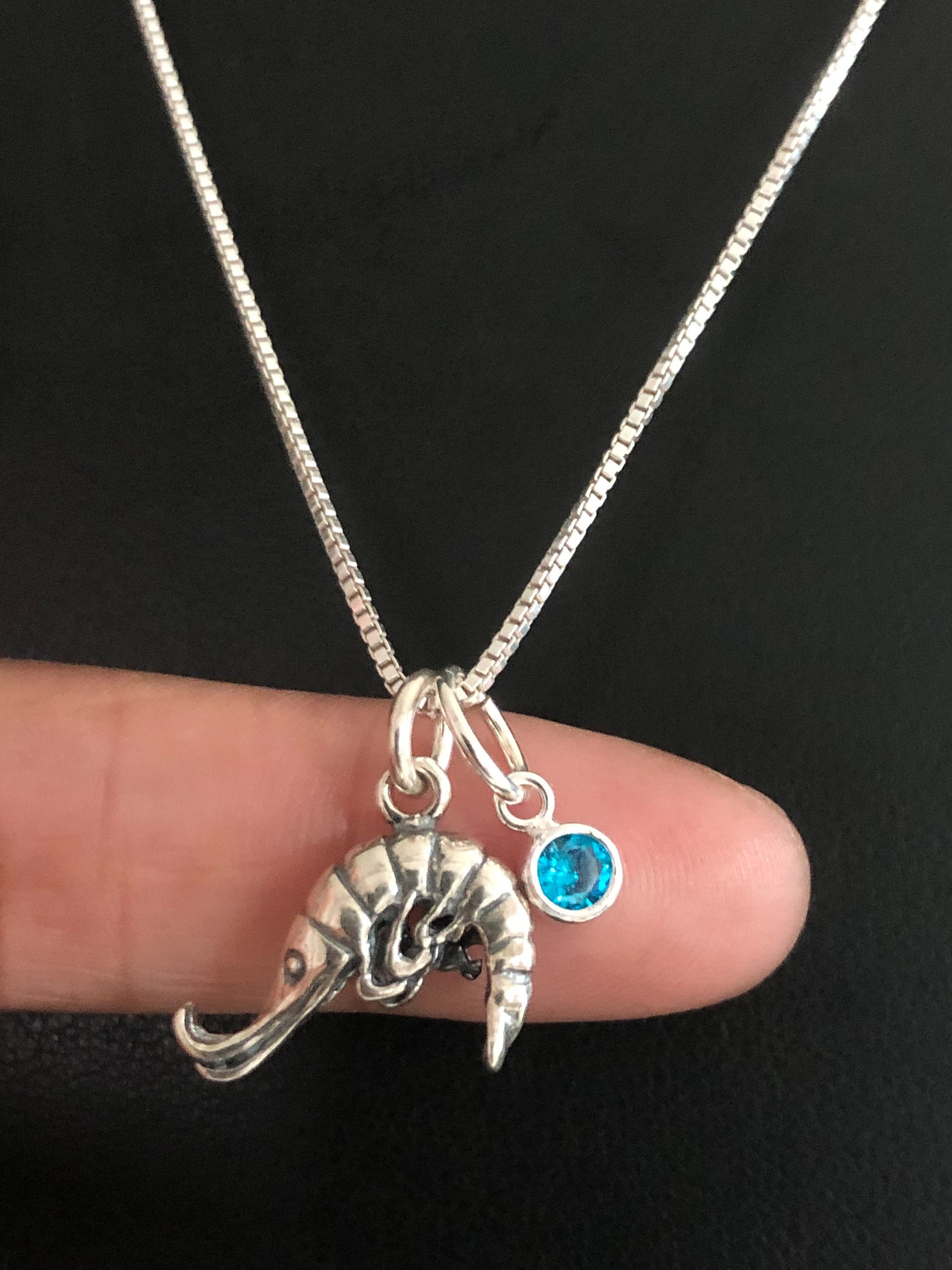 Shrimp Necklace, Sterling Silver Pendant, Family Birthstone Gift, Nautical Jewelry, Seafood Necklace
