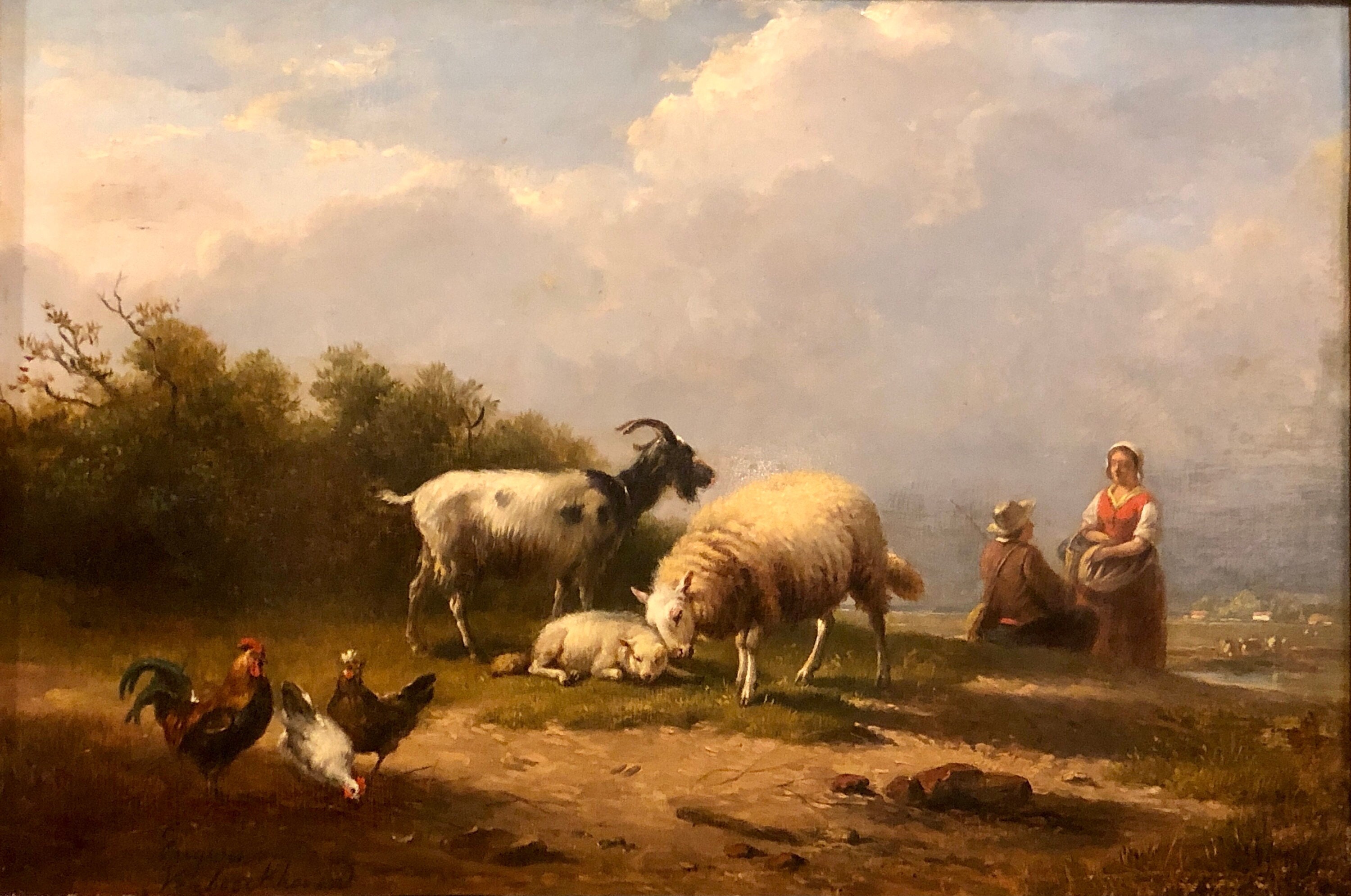 Oil Painting On Panel By Eugene Joseph Verboeckhoven | 1798-1881 Sheep, Chickens With Shepherd & Shepherdess