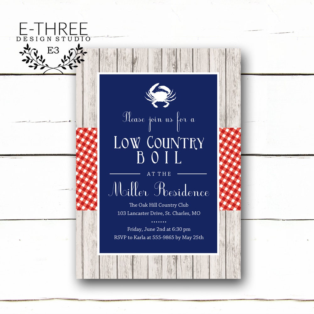 Seafood Boil Invitation - Low Country Party Invite Rehearsal Dinner Summer Red, White, Blue Gingham
