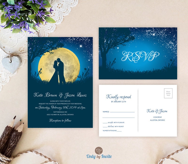 Romantic Wedding Invitation With Rsvp Postcard | Starry Night Invitations Moon