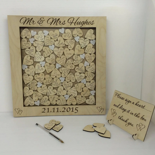 Buy Personalised Birch Plywood White Hearts Drop Box Wedding Guest Book