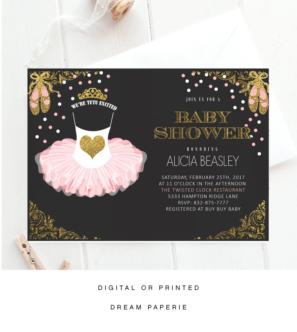 Ballerina Baby Shower Invitation, Tutu We're Excited, Invite, Its A Girl, Ballet