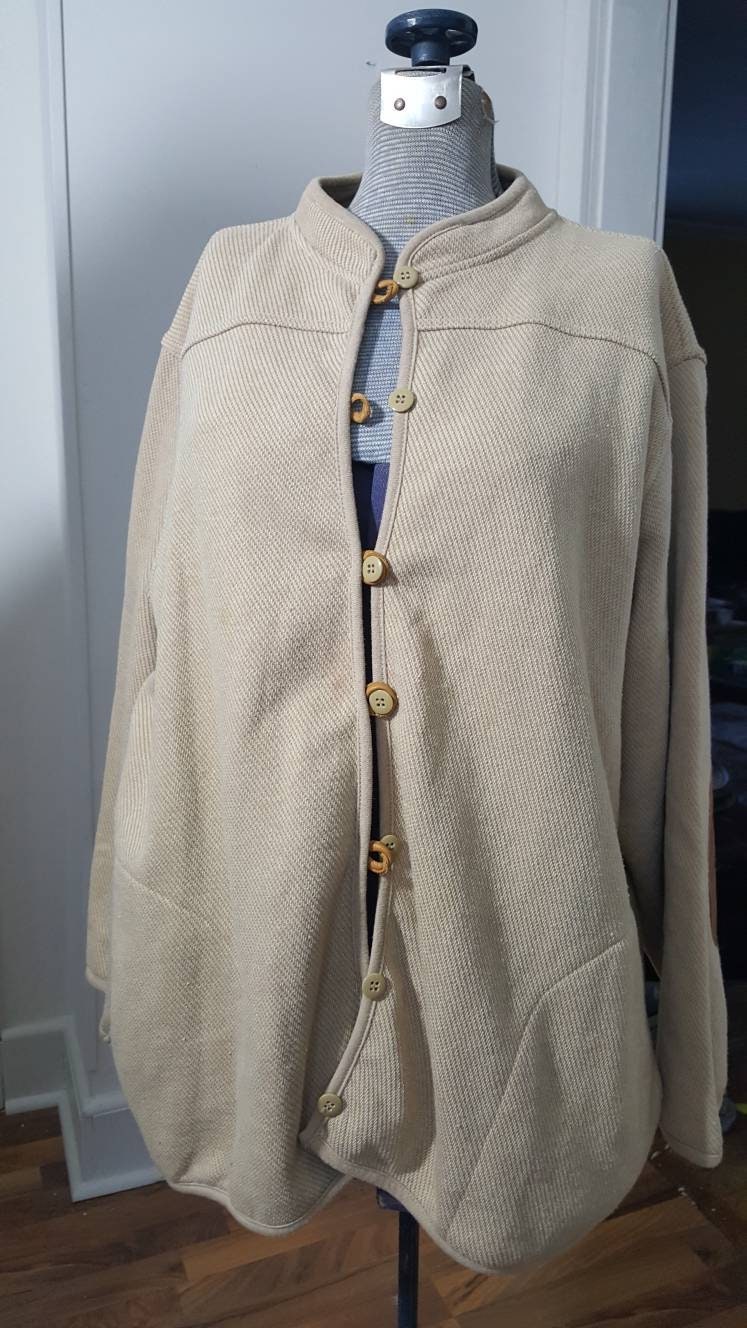 Vintage Pre 2000S Era Mens Cotton Blend Cardigan From Orvis. Beige Knit With Leather Elbow Patches & Button Loops. Size Xl. Free Shipping