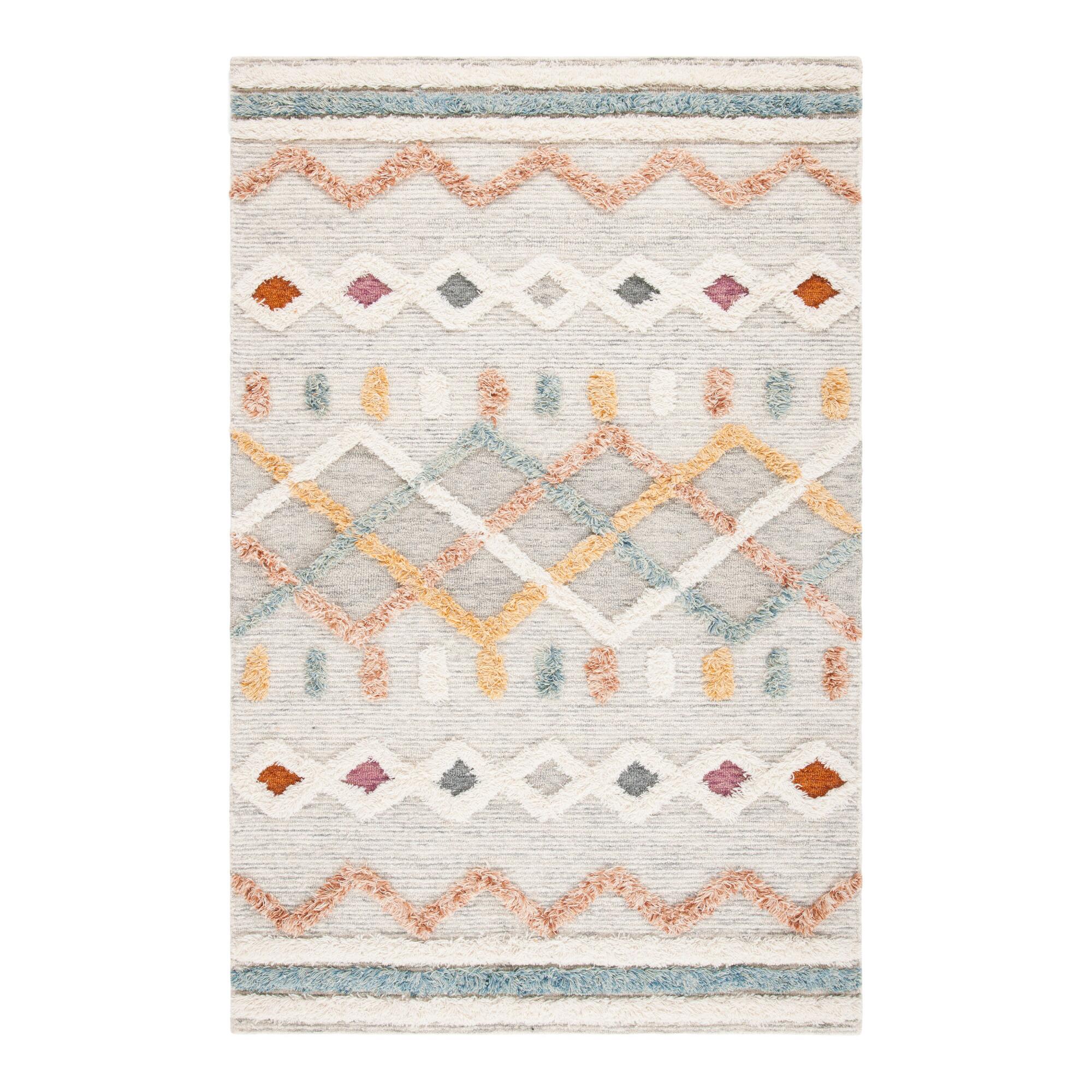 Ivory and Blue Geometric Hand Knotted Wool Logan Area Rug: Multi - 8' x 10' by World Market