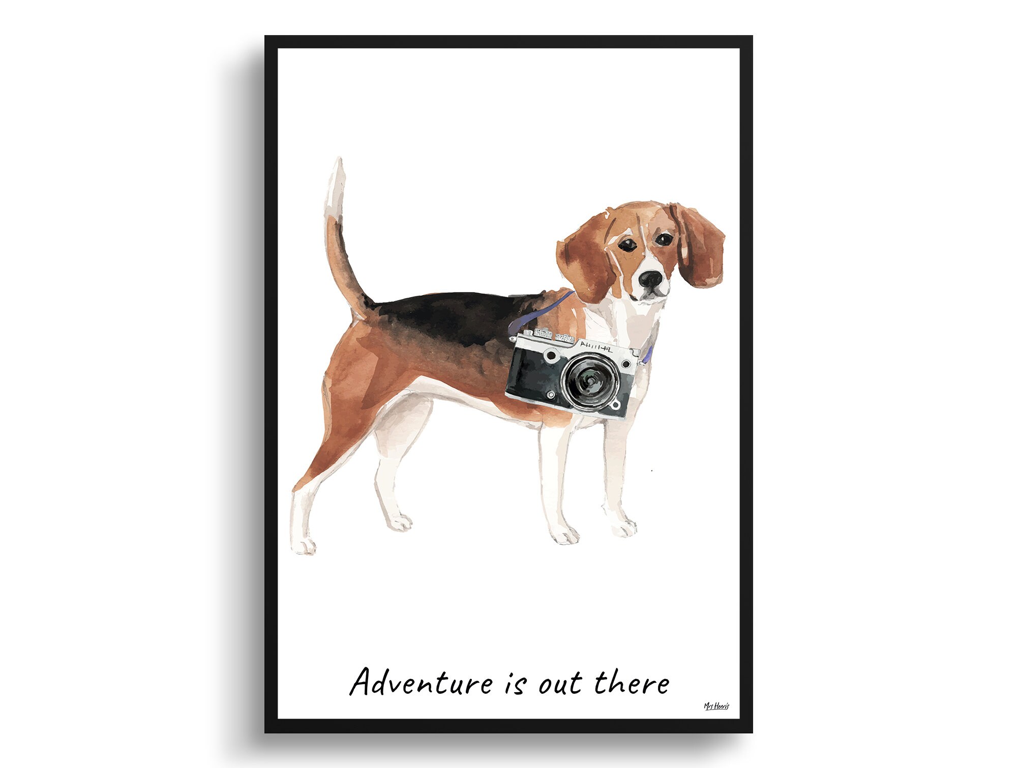 Adventure Is Out There Beagle Dog Print Illustration. Framed & Un-Framed Wall Art Options. Personalised Name