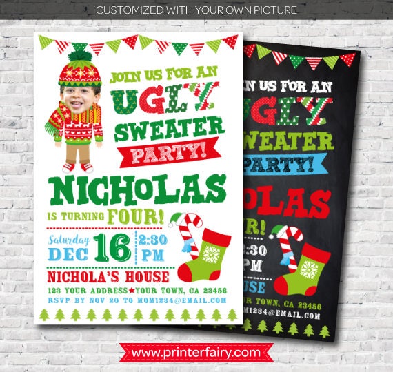 Personalized Ugly Sweater Party Invitation With Picture, Christmas Birthday Invitation, Digital Invite, 2 Options
