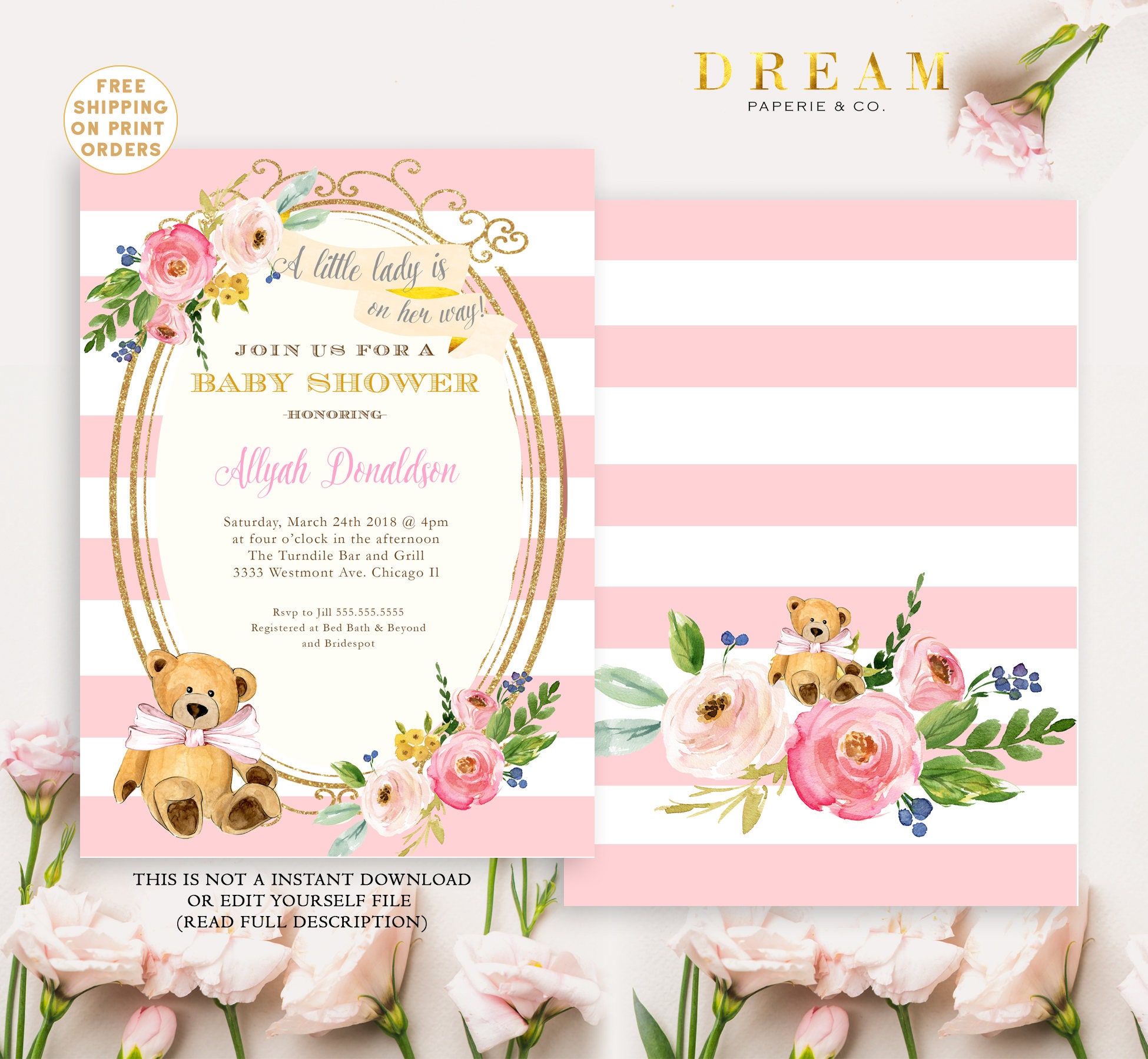 Baby Shower Invitation, Flower Baby Girl Teddy Bear Pink