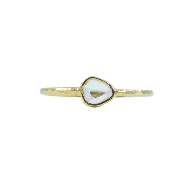 0.15 Cts Natural White Clear Diamond, 9K Gold Rose Cut Faceted Handmade Ring, Hammered Jewelry, Dainty Ring