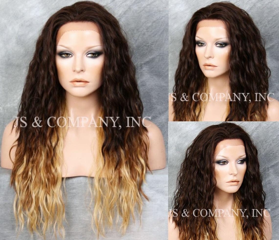 Human Hair Blend Heat Ok Full Lace Front Wig Brazilian Wavy Brown Ombre Blonde Mix Cancer/Alopecia/Cosplay Free Part