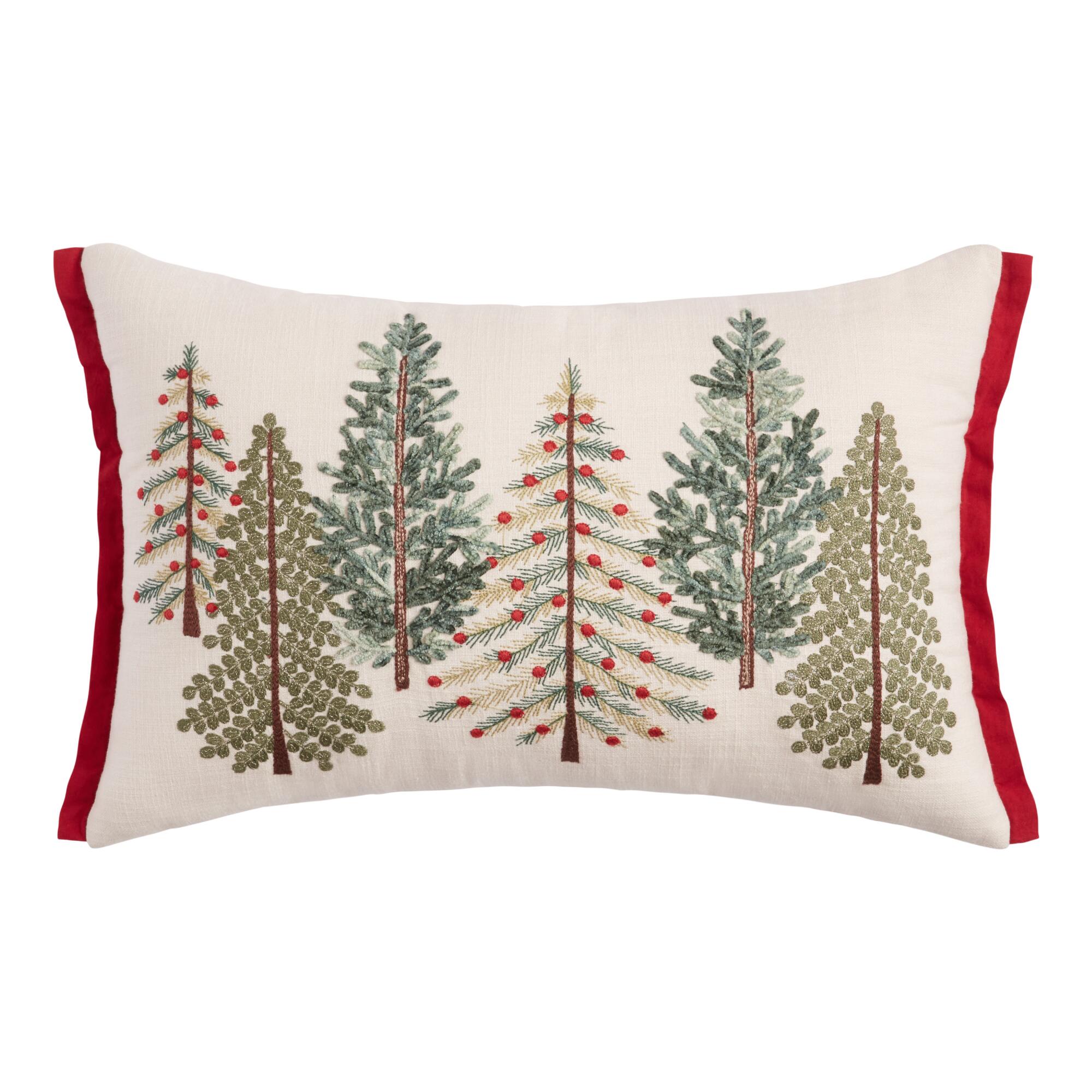 Pier Place Ivory, Red and Green Beaded Trees Lumbar Pillow: Green/Red - Cotton by World Market