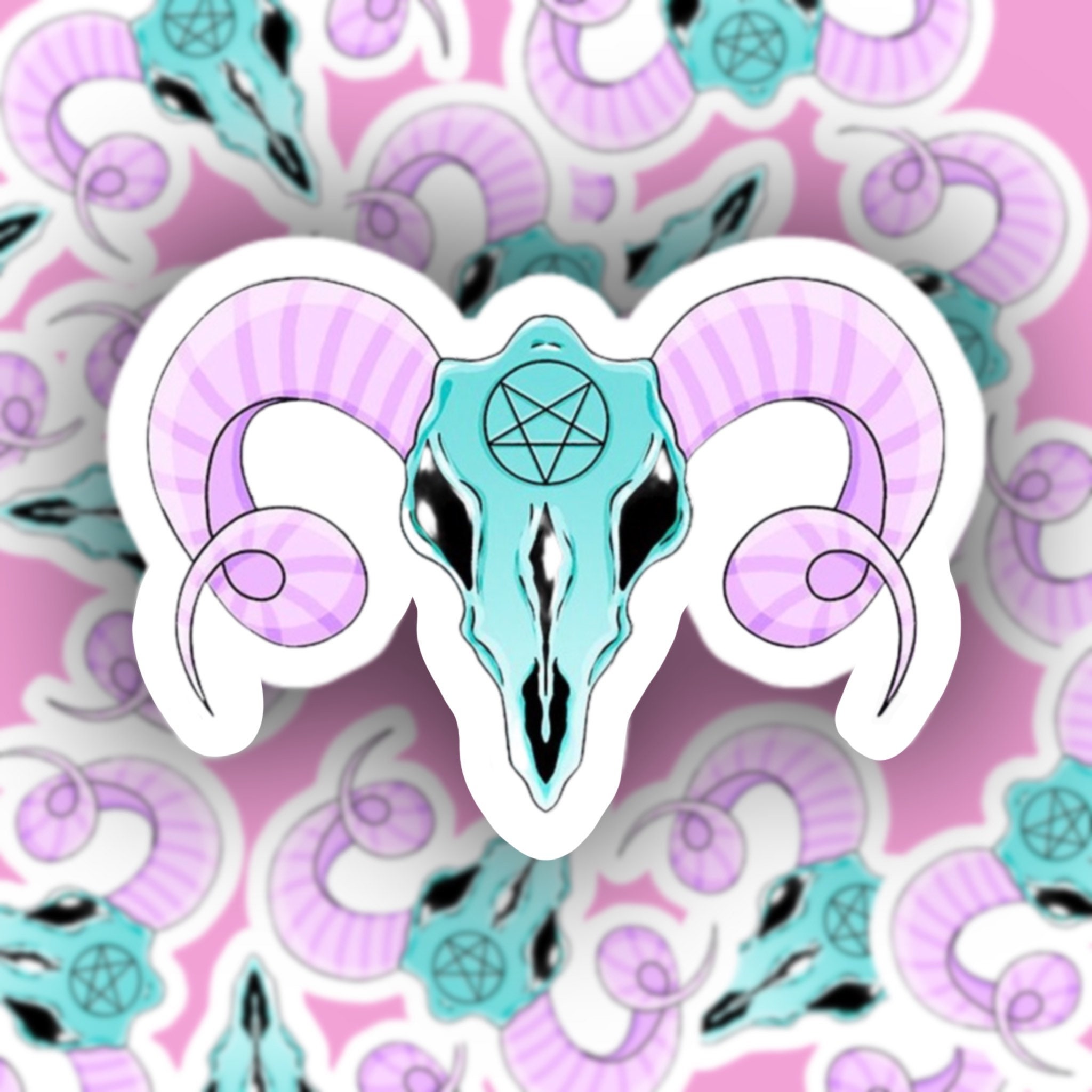 Kawaii Ram Skull Pastel Goth Sticker, Hail Satan Pentacle Pentagram Laptop Hydroflask Decal