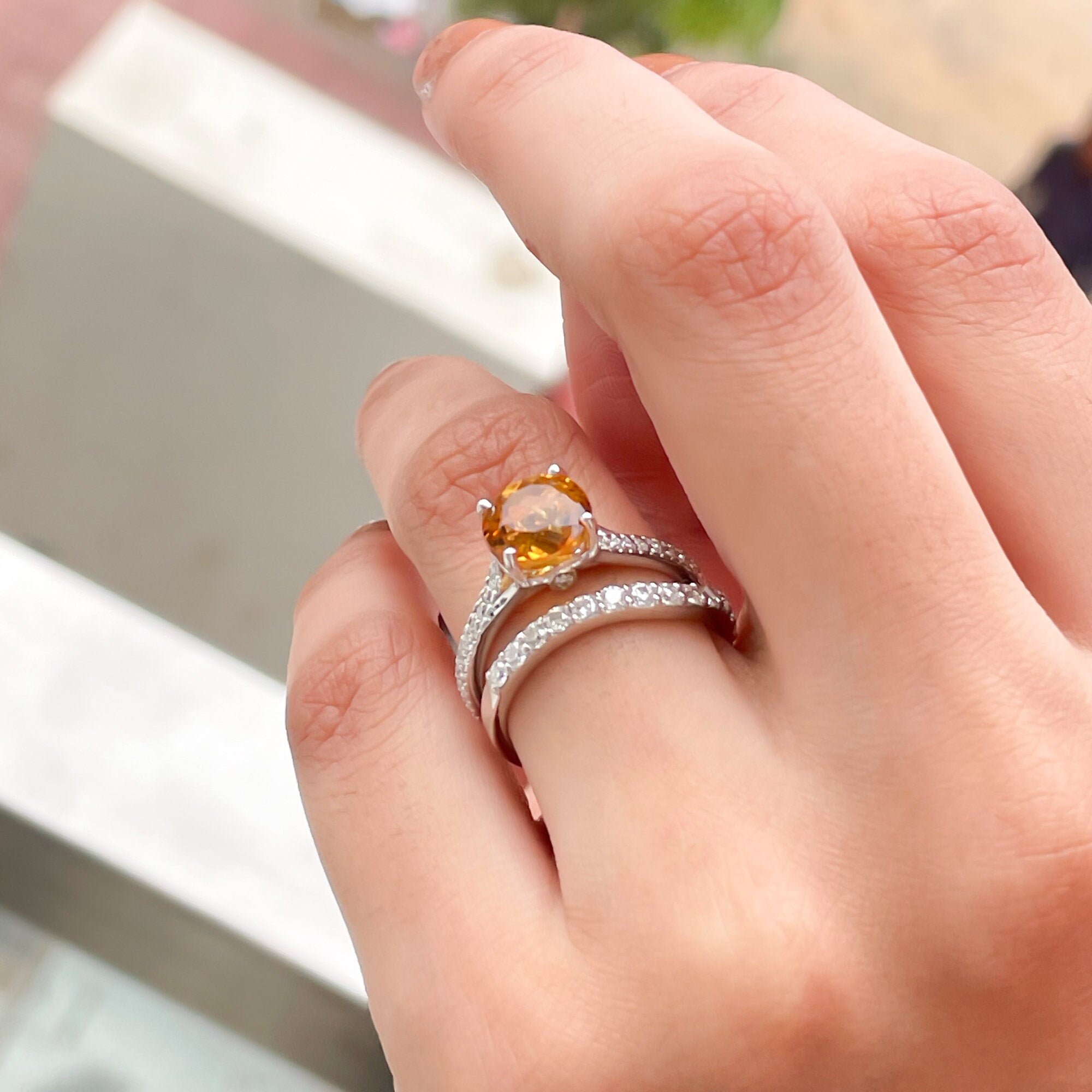 Solitaire Ring With Band, 3 Ct Citrine Engagement Set, Stackable Moissanite Rings, Gold