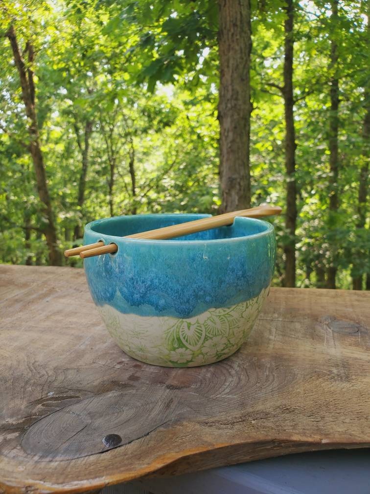 Handmade Noodle Bowl With Chopsticks, Patterned Drippy Glaze, Stoneware, Rice Stir Fry Bowl, 2.5 Cups, Free Shipping