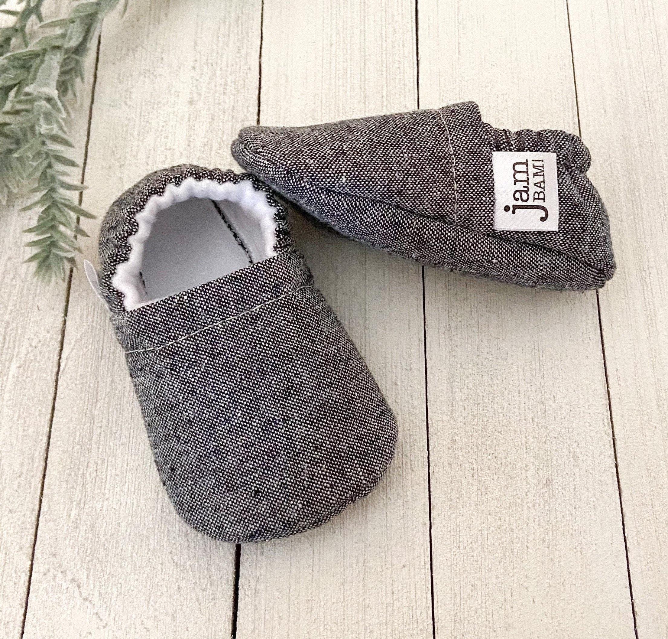 Charcoal Linen Blend Baby Booties, Slippers, Crib Shoes, Soft Sole, Moccasins, Shoes