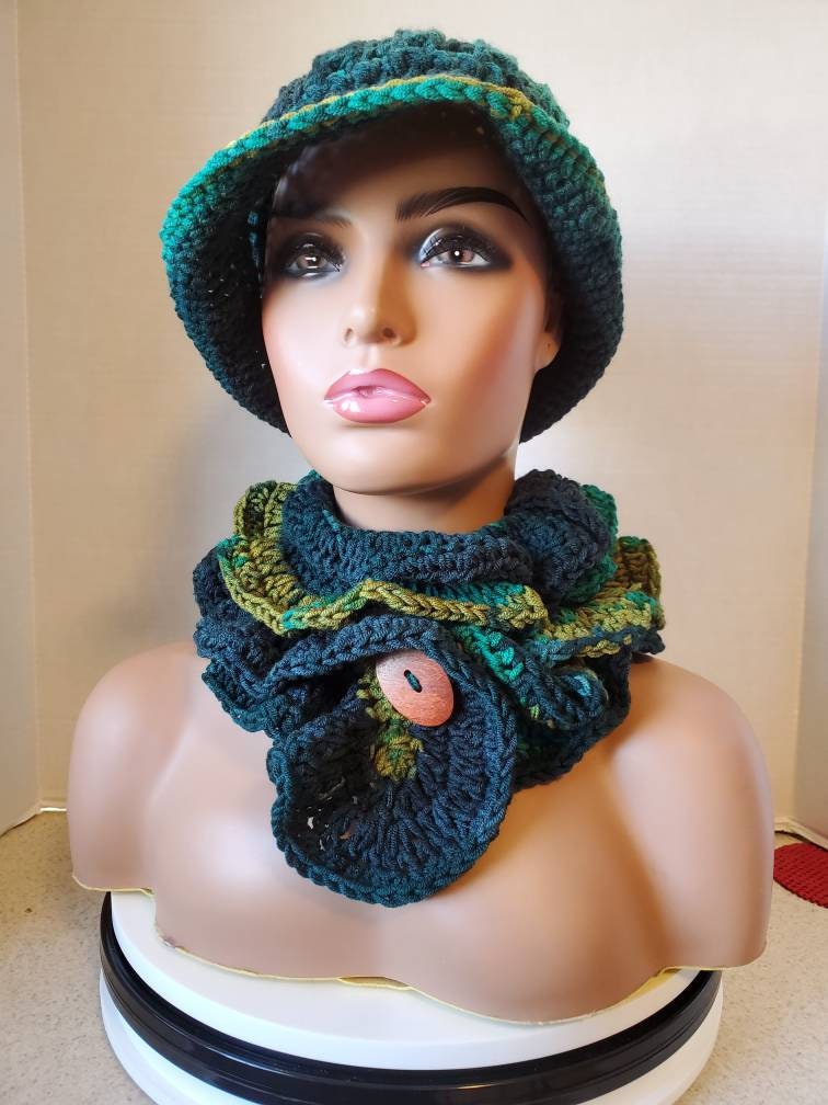 Green Blend Hat & Scarf Crocheted - Neckwarmer Scarf- Cowl- Matching Hat- Crochet Button -Crochet