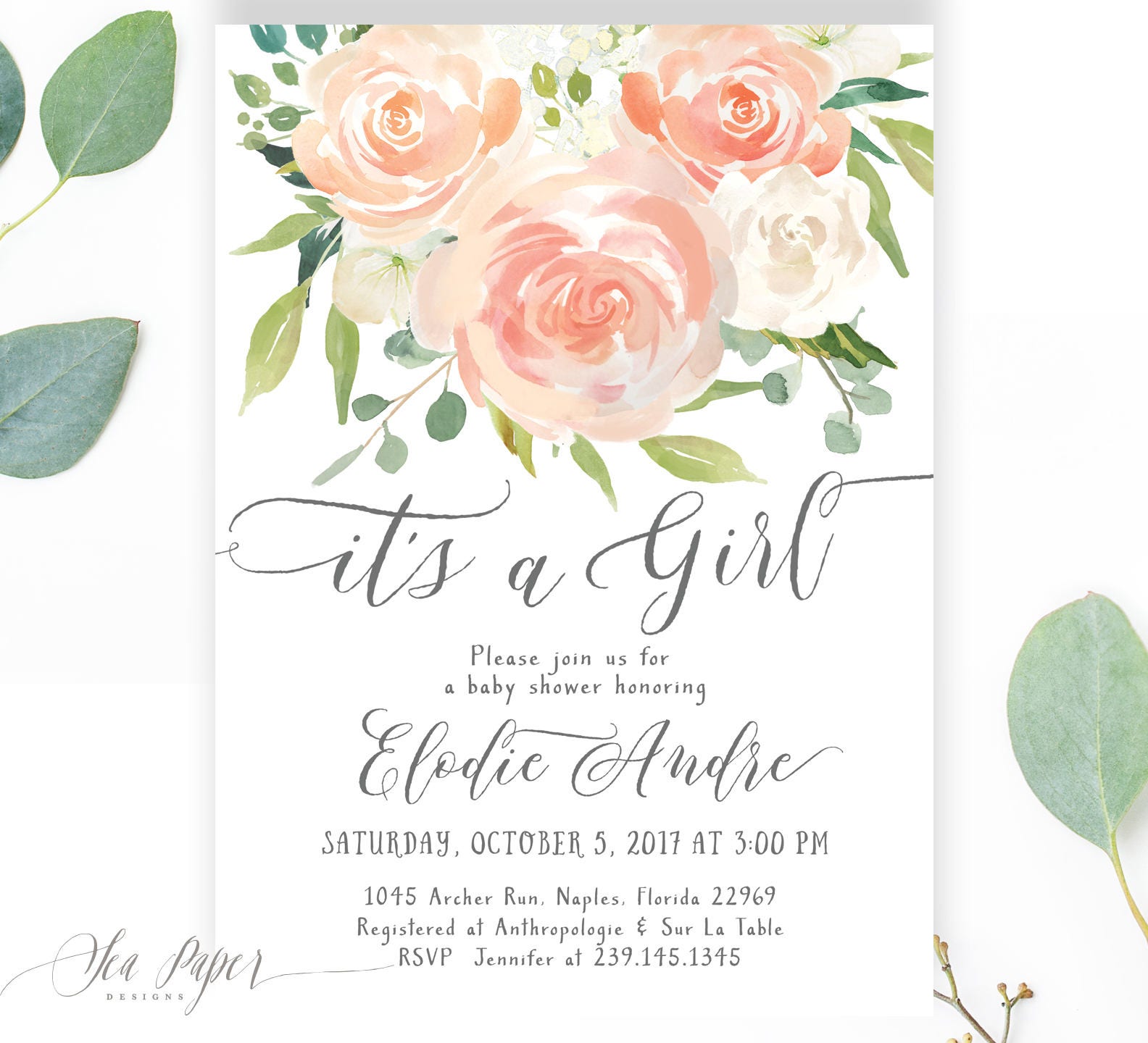 Baby Shower Invitation Girl, It's A Girl Invite, Rustic Greenery & Blush Pink Peach Roses, Printed Or Printable - Elodie"
