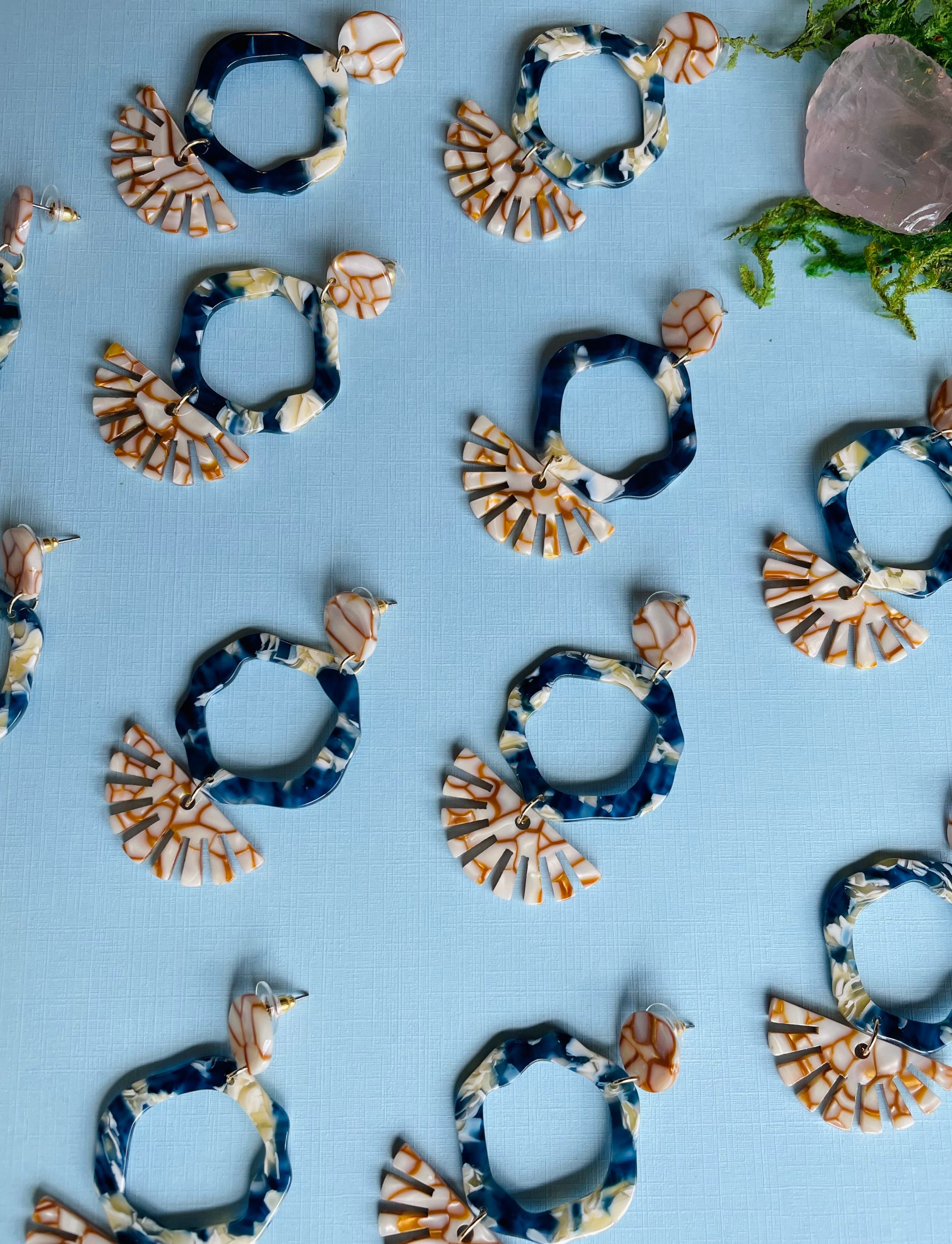 Mustard Blue Tortoise Blend Modern Triple Dangly Hoop Las Ofrendas Statement Earrings