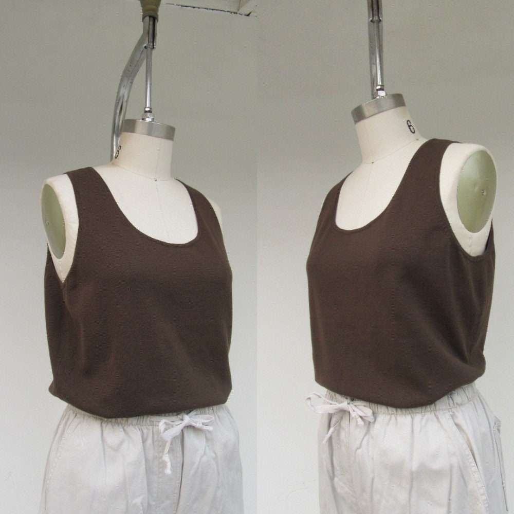 90S Nos Knit Silk Blend Brown Shell Tank | Sleeveless Top Singlet Minimal Shirt Blouse Size L