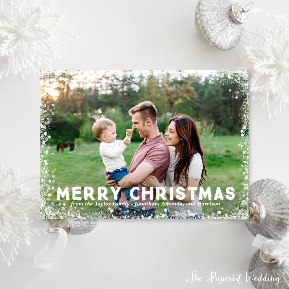 Printable Or Printed Photo Christmas Cards - Merry Holiday With One Picture & White Bokeh Landscape 037 P1