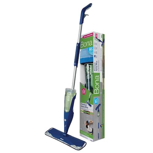 BONA Den blåa sprejmoppen för sten-, kakel- och laminatgolv levereras med rengöringstrasa och golvrengöringsmedel