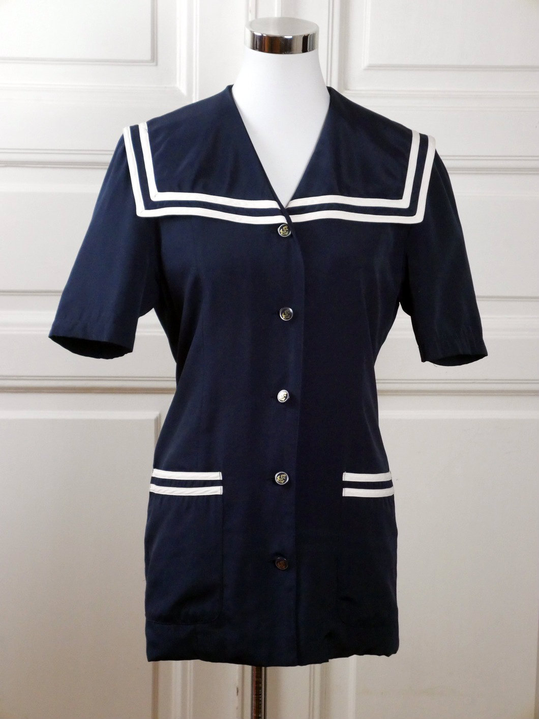 Sailor Blazer, Navy Blue & White European Vintage Nautical Jacket Size 10 Us, 14 Uk