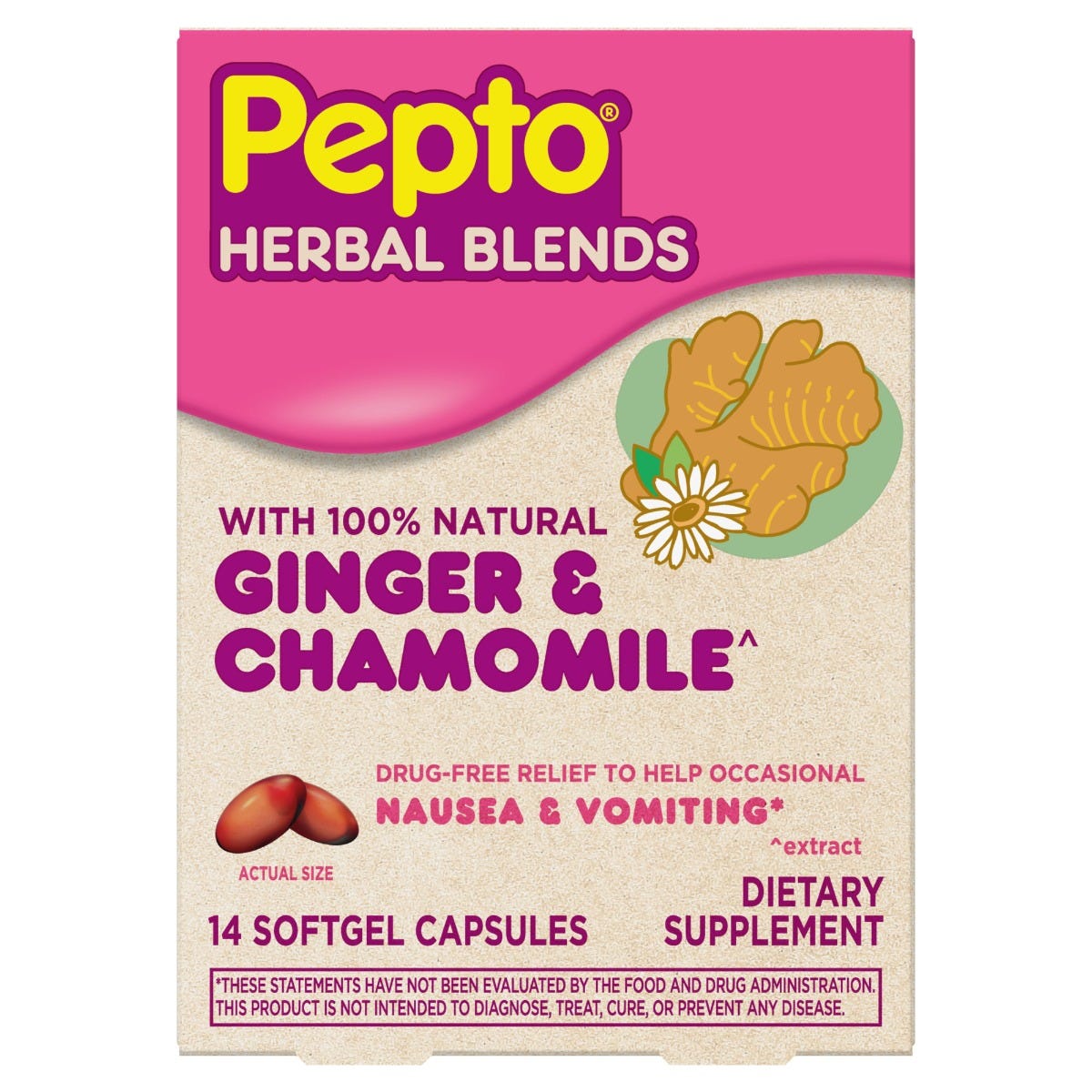 Pepto Herbal Blends Softgel Capsules, 100% Natural Ginger & Chamomile Extract - 14 ct