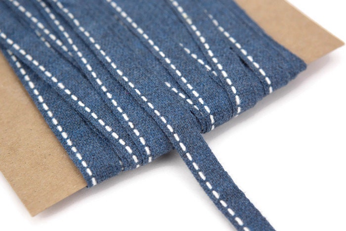 Blue Wool Blend Trim Dash Stripe Ribbon 12.75 Yards Atn00694