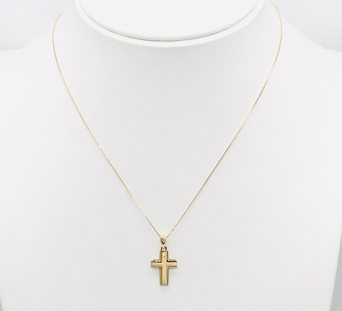 18K Gold Christian Cross Necklace Chain With Jesus Religious Italian
