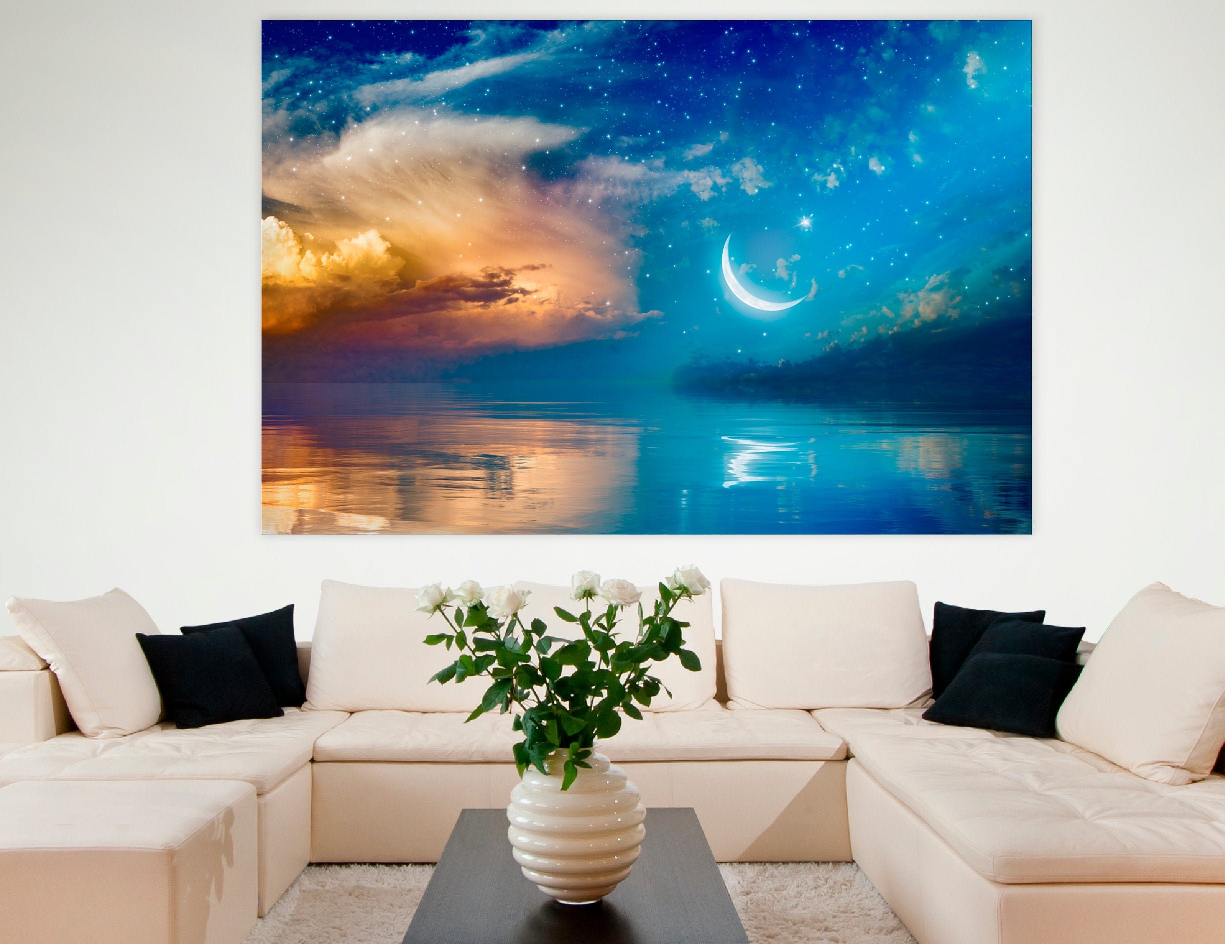 Ramadan | Stars At Night Glowing Stars Crescent Moon Cloud Water Reflection Print Surreal Art Collage Nature