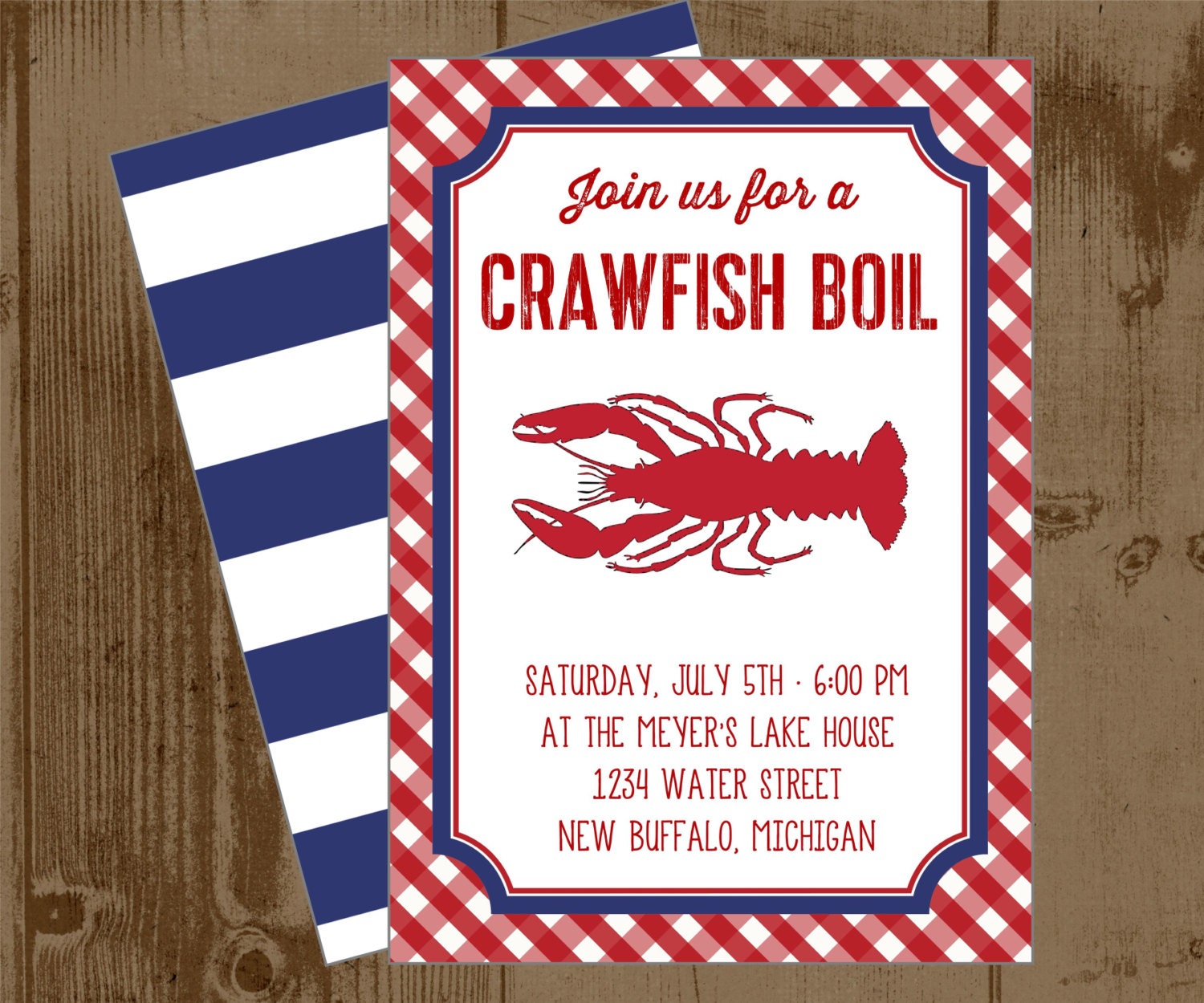 Crawfish Boil Printable Party Invitaiton - Red Gingham Blue Cabana Stripes Lakehouse Seafood Low Country