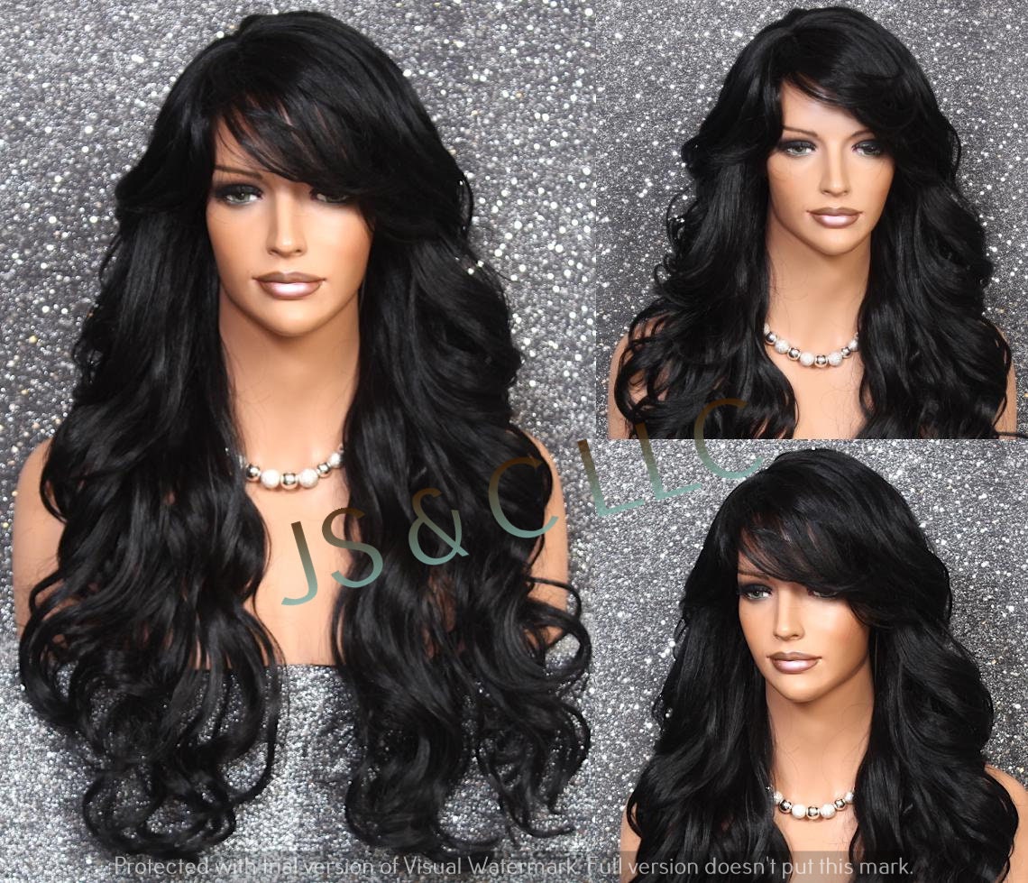 Absolutely Stunning Human Hair Blend Black Goddess Full Wig ... Big Loose Beacht Waves & Full Bangs. Layers Of Hair To Play With