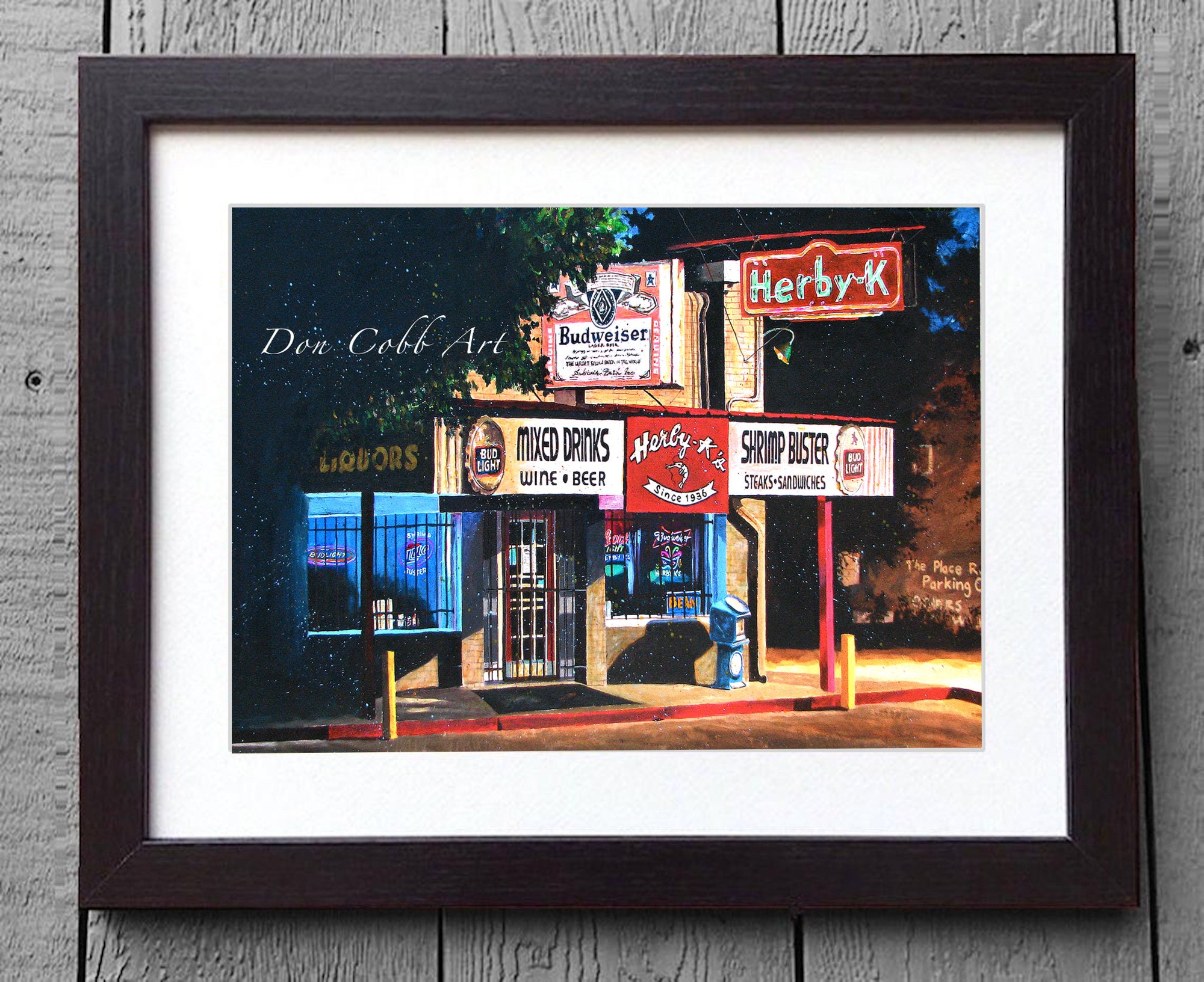 Shreveport, Seafood Cafe Bar Art Herby K Night Scene | Two Sizes Framed/Matted Prints, Signed & Numbered"