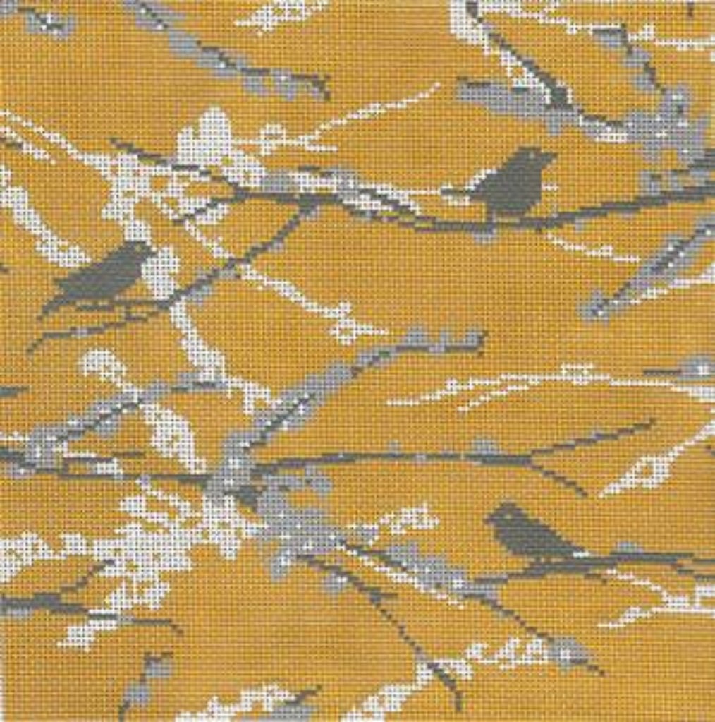 Needlepoint Handpainted Cooper Oaks Sparrows Vintage Yellow 10x10 -Free Us Shipping