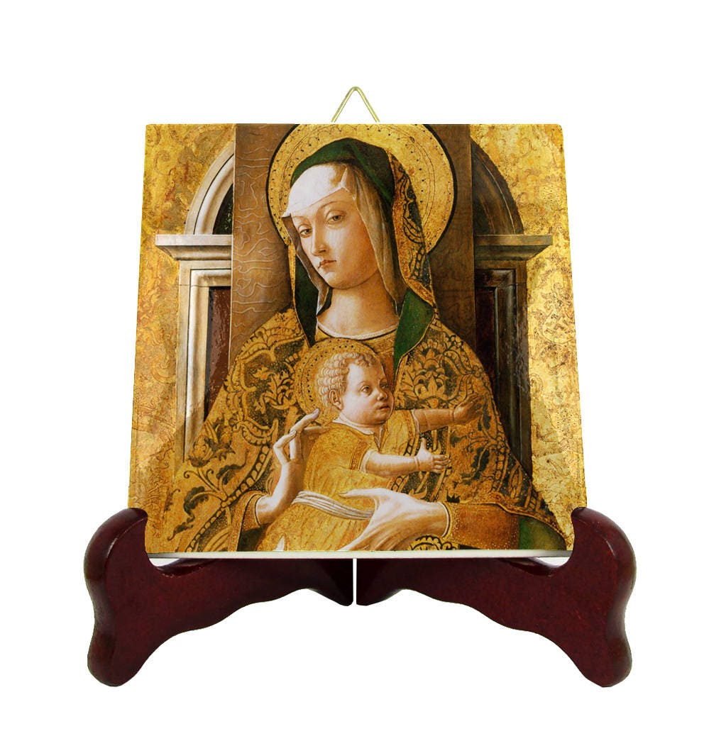 Virgin Mary Icons - Madonna & Child Enthroned Icon On Tile Medieval Art Mother Art Sacred Holy