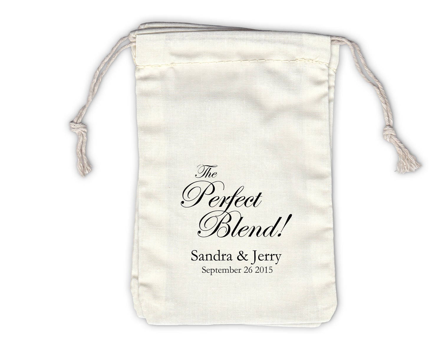 The Perfect Blend Personalized Cotton Bags For Coffee Or Tea Wedding Favors in Black - Ivory Fabric Drawstring Set Of 12 | 1020