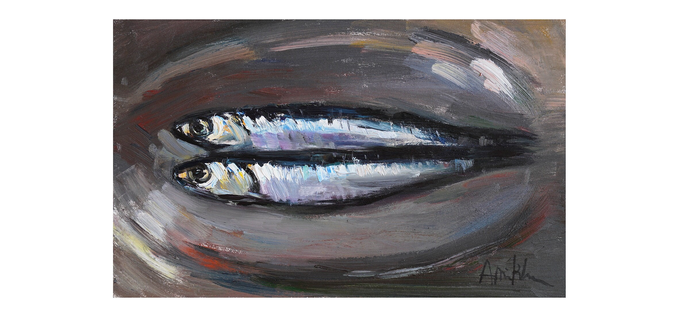 Two Anchovies On Silver Plate, Original Oil Painting Paintings Food Seafood Small Still Life Sardine Anchovy Fish Fishy Impressionist Fishes