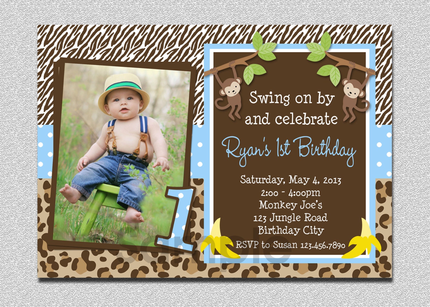 Boys Jungle Birthday Invitation Monkey Party Printable