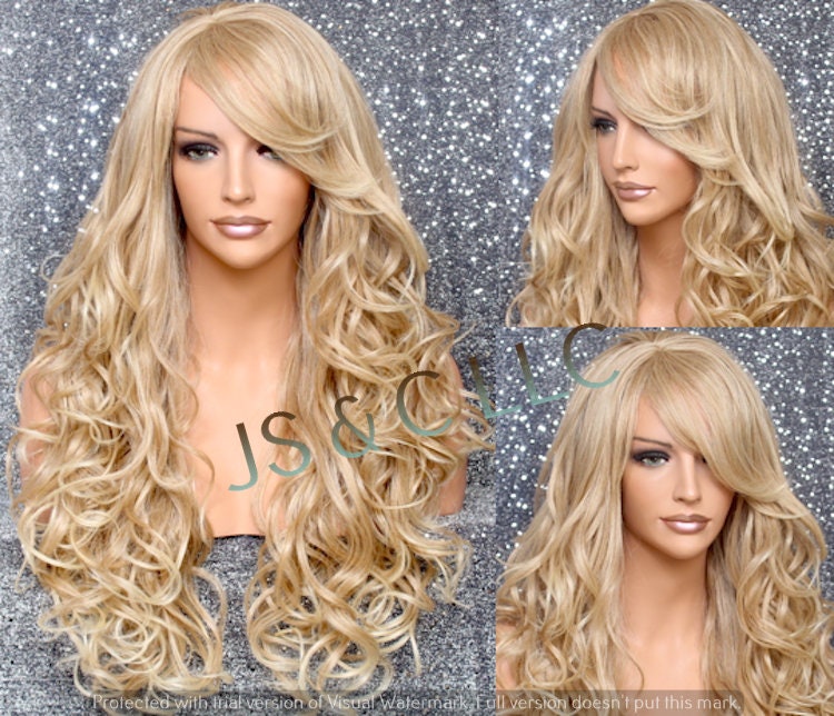 Beautiful Human Hair Blend Blonde Mix Long Full Wig Heat Resistant 28 With Curls & Bangs Side Parting