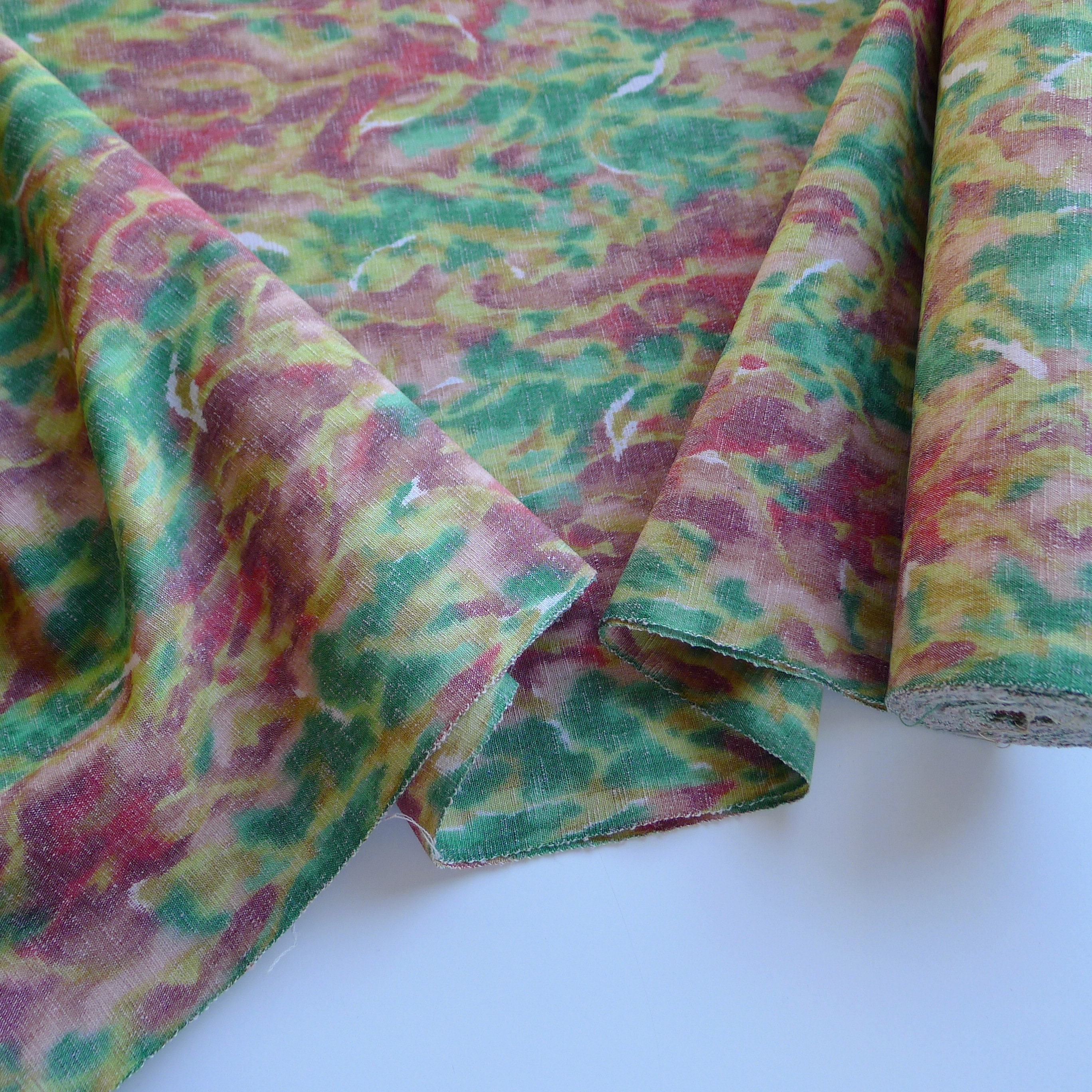 Old Rose & Green Wool Blend Kimono Fabric With A Marble Pattern, Unused Bolt By The Yard