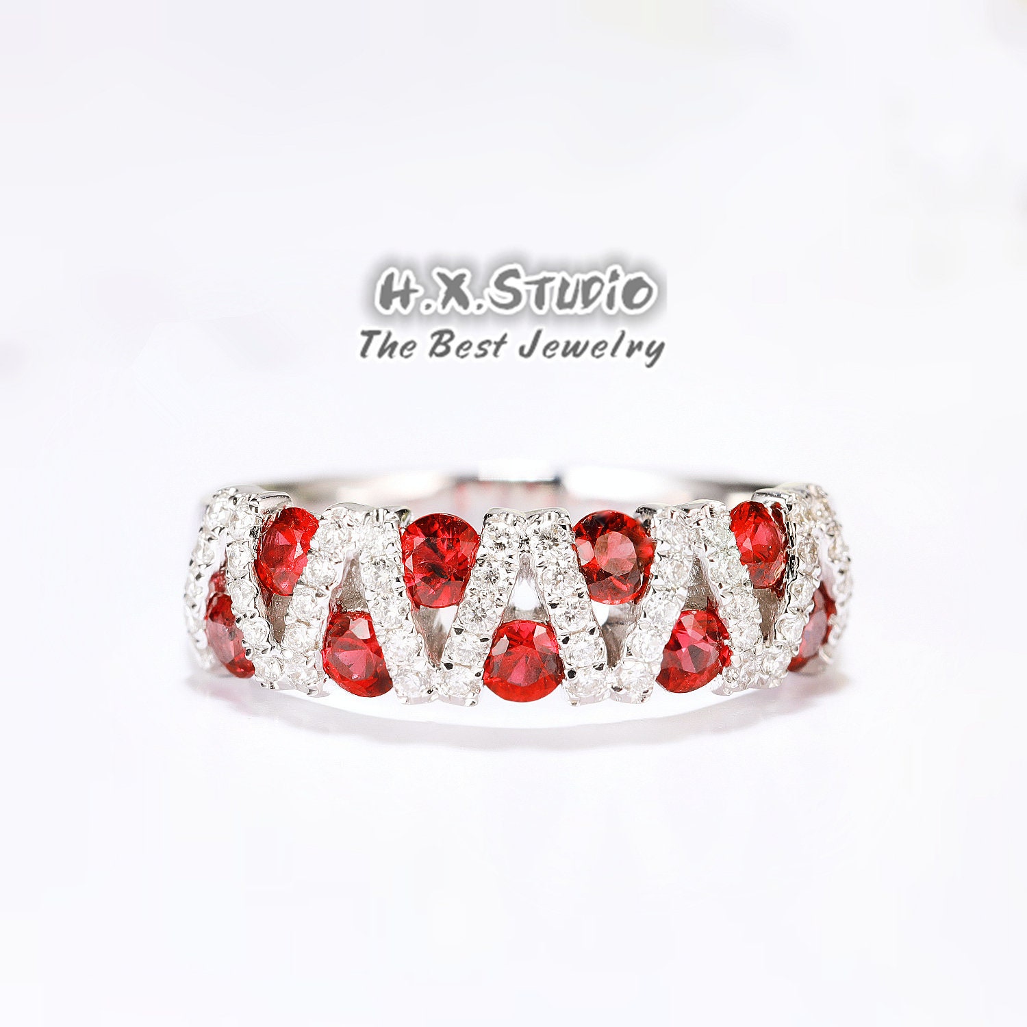 Diamond Ruby Wedding Ring in Solid 18K Gold/Crisscross Statement Ring/Custom Fine Jewelry/Personalization Design/Gift For Women & Girls