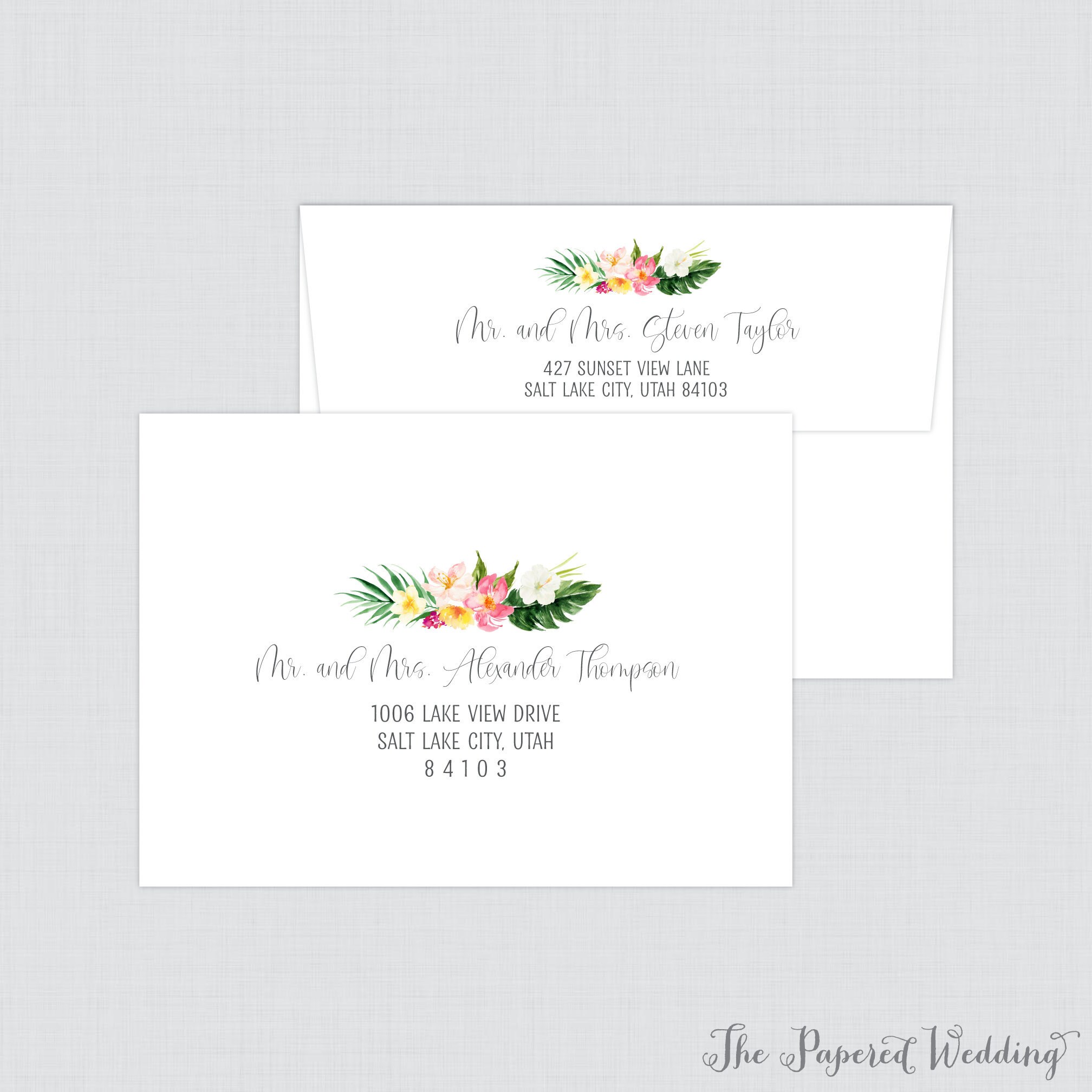 Printed Envelopes With Tropical Flowers - Hawaiian Floral & Palm Leaf Wedding Envelopes, Hibiscus Custom Guest Addresses Recipient 0030