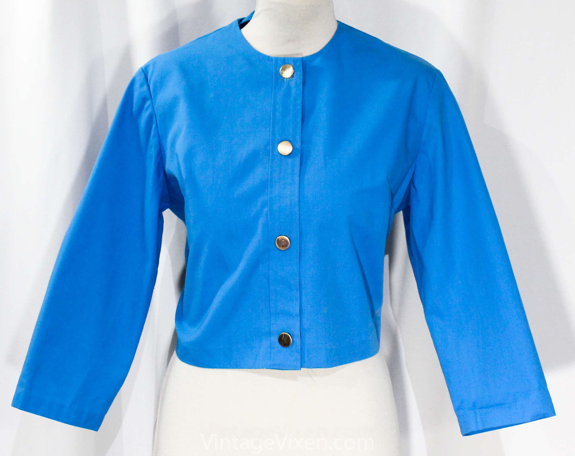 Size 12 Blue Shirt - 1960S Cotton Blend Tailored Blouse With Brassy Buttons 3/4 Sleeve Top Spring Summer 60S Secretary Style Bust 38
