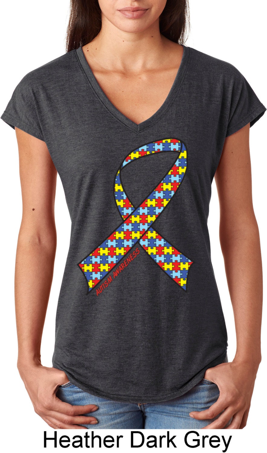 Autism Awareness Ribbon Ladies Tri-Blend V-Neck Tee T-Shirt 17975Hd2-6750Vl