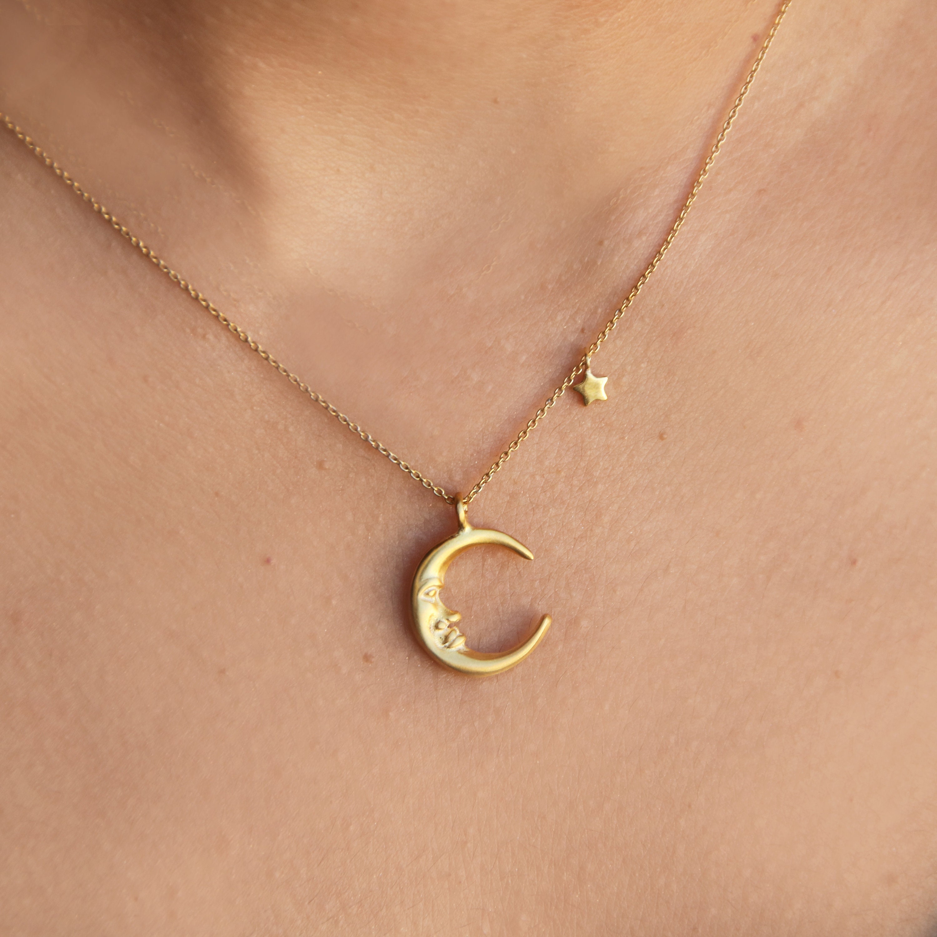 Crescent Moon Necklace, Half With Tiny Star Pendant, Delicate Celestial Necklace