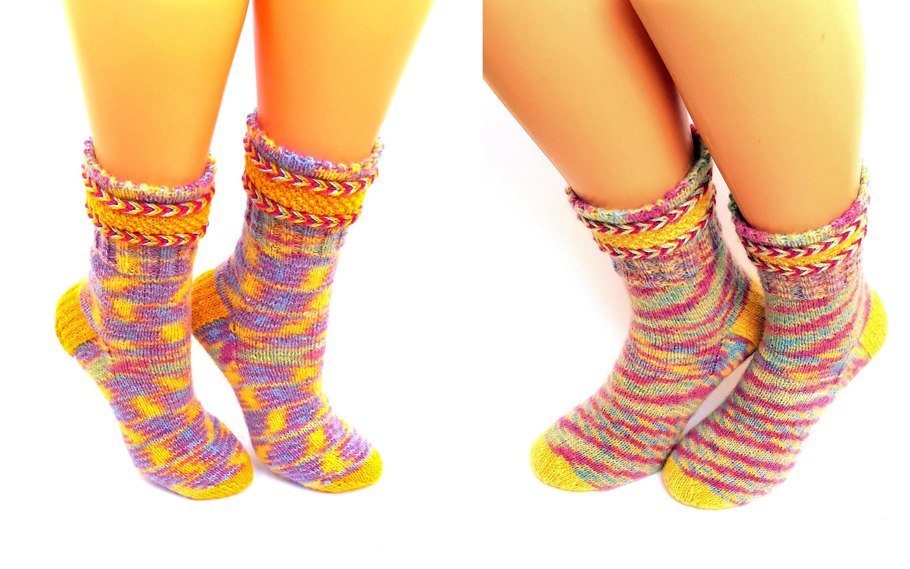 Pink Yellow Blue Socks Hand Knit Melange Wool Multicolor Bright Womens Ladies Girls Winter Gift Idea