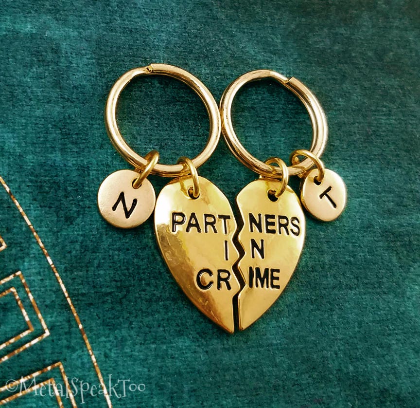 Partners in Crime Keychain Set Of 2 Small Broken Heart Keychains Charm Personalized Best Friend Friendship Sisters Gift