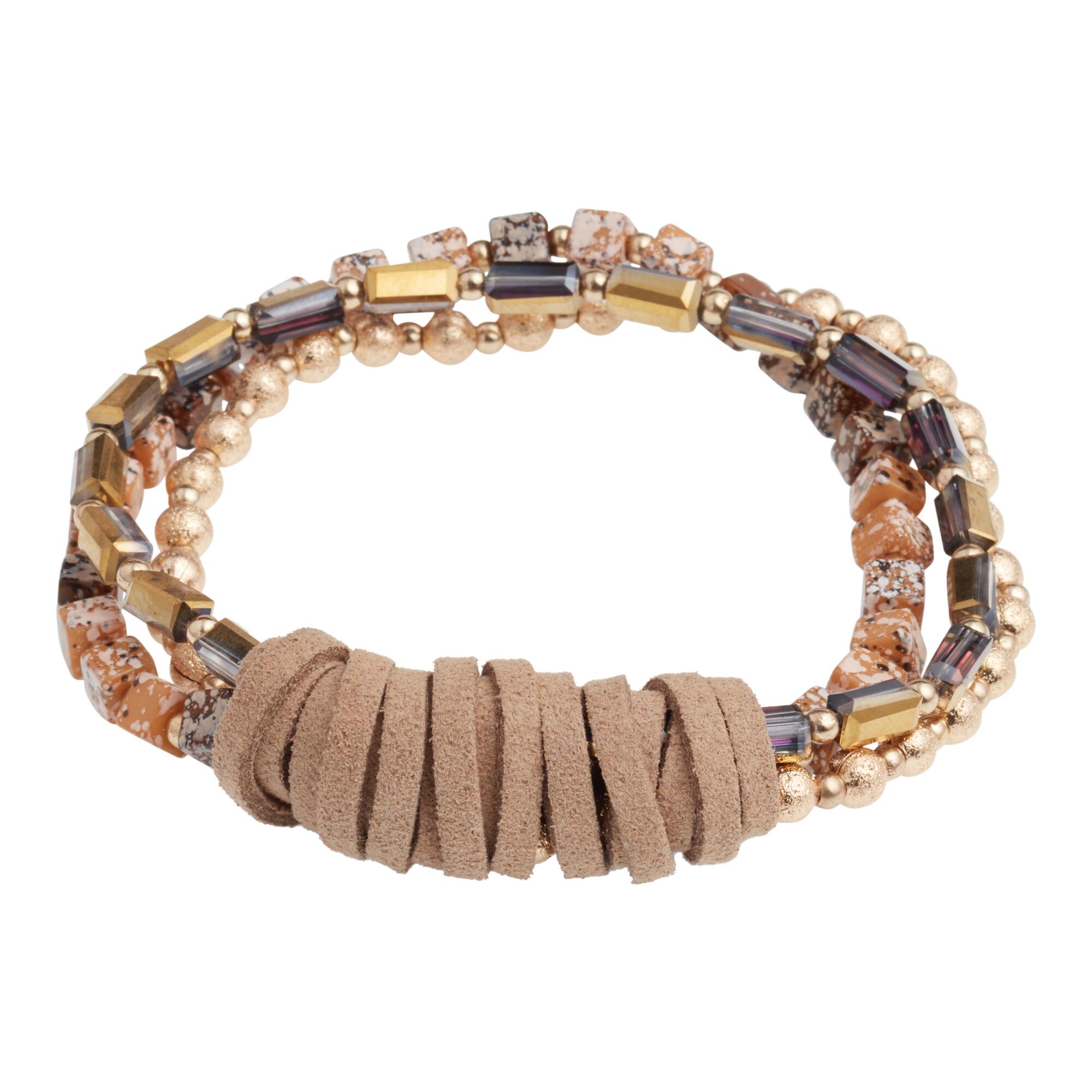 Gold Beaded Triple Layer Faux Suede Stretch Bracelet by World Market