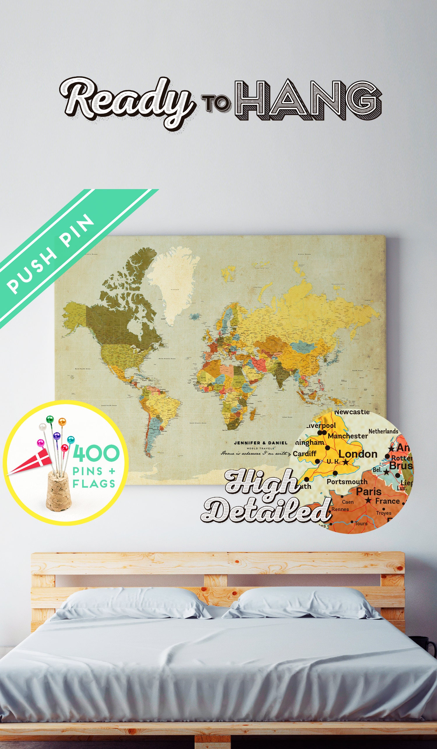 Custom Canvas World Map Push Pin Vintage Colors - Ready To Hang High Detailed 240 Pins + 198 Flag Sticker Pack Included