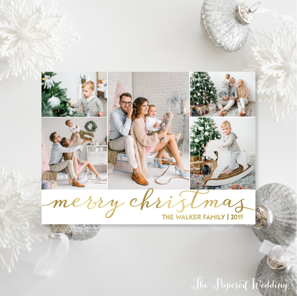 Printable Or Printed Photo Christmas Cards - Faux Gold Foil Collage Simple, Modern With Five Pictures 054 P4